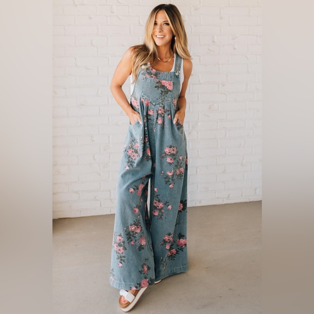 BiBi Blue Denim overalls with Pink Floral Accents